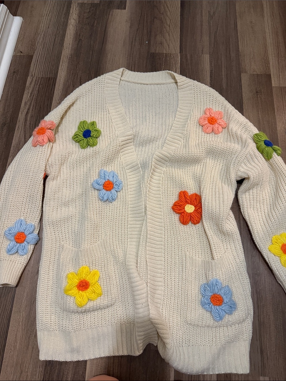 BloomChic Cream Cardigan with Multicolor Crochet Flowers